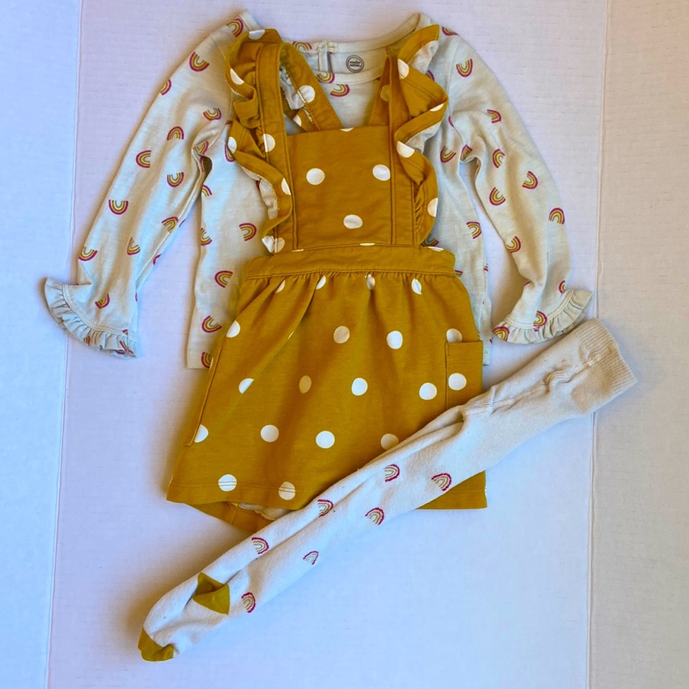 Wonder nation yellow polkadot dress w/ Long sleeve rainbow shirt and stockings.